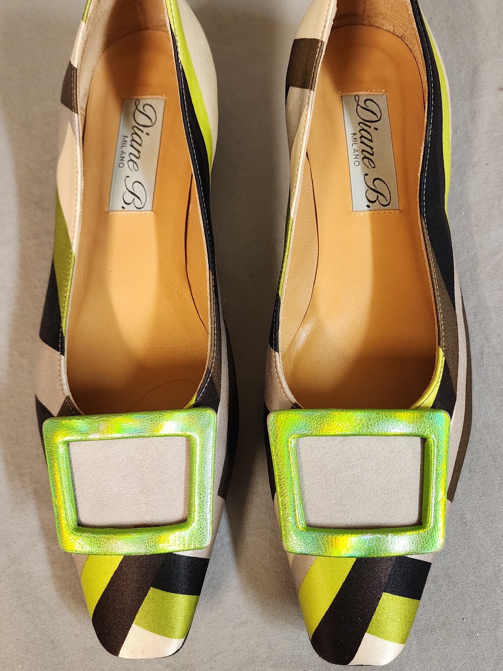 Vero Cuoio Neon Green, Cream & Black Striped Flats with Decorative Buckle